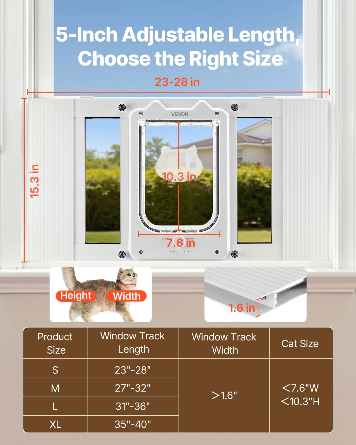 Cat Door For Window, Adjustable To Fit Window Width 23"-28", 4 Secure Lock Modes, Aluminum Frame And High-Transparency Glass, Magnetic Closure, Weatherproof Quick-Fit Pet Door For Cats, White