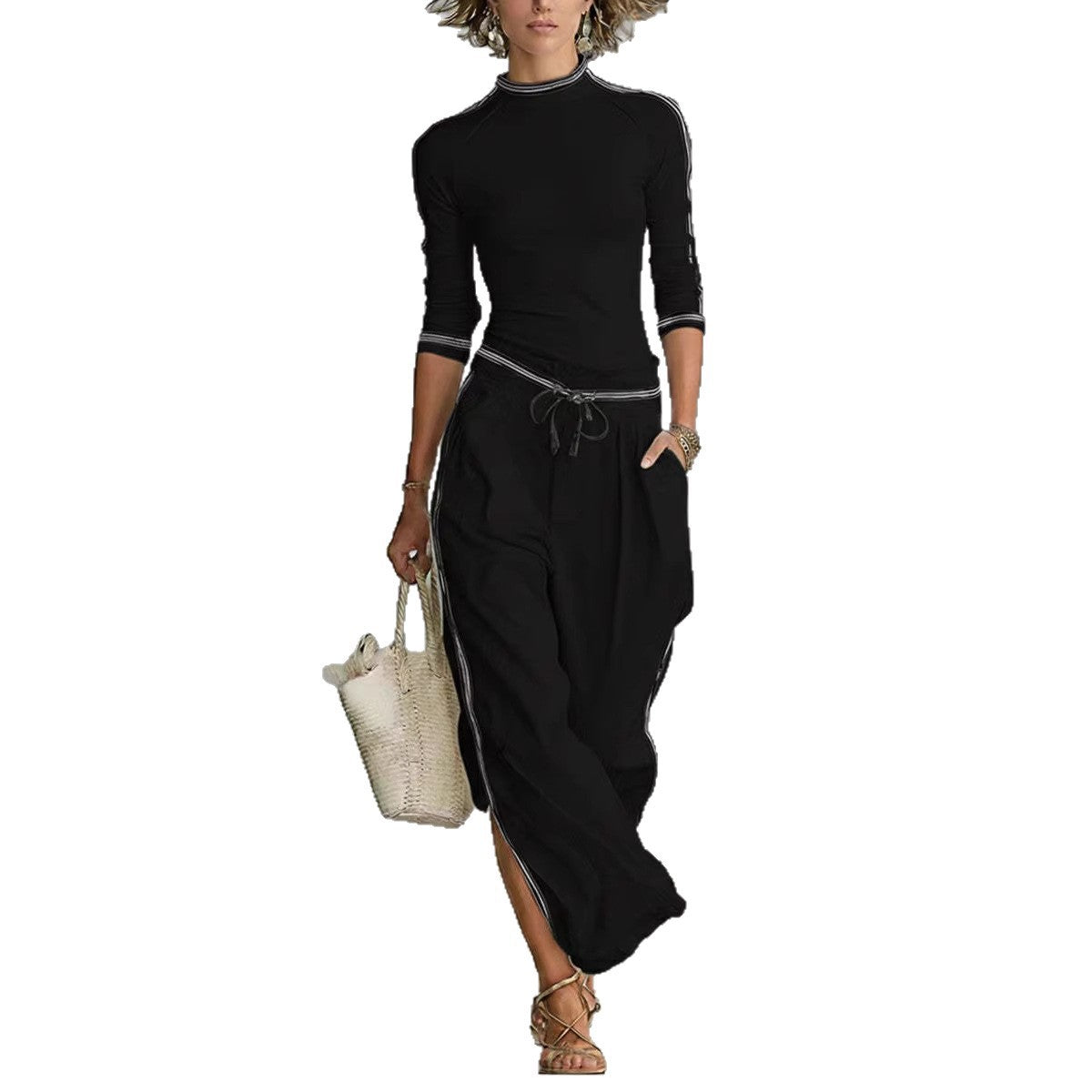 Womens Casual Striped Printed Fashion Top And Pants Set