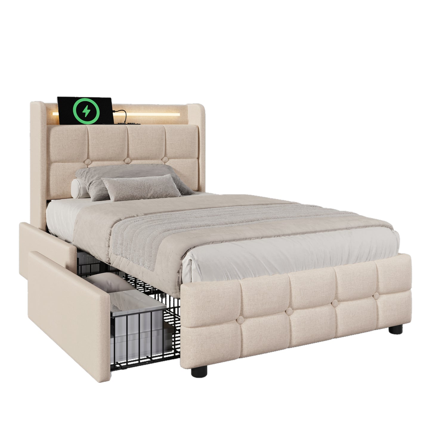 Upholstered Bed With Charging, USB Charging Function, Headboard And LED Lighting And 2 Drawers, Single Bed 90x200cm, Storage Beds, Bed Frame, Wooden Slatted Base, Beige  Without Mattress