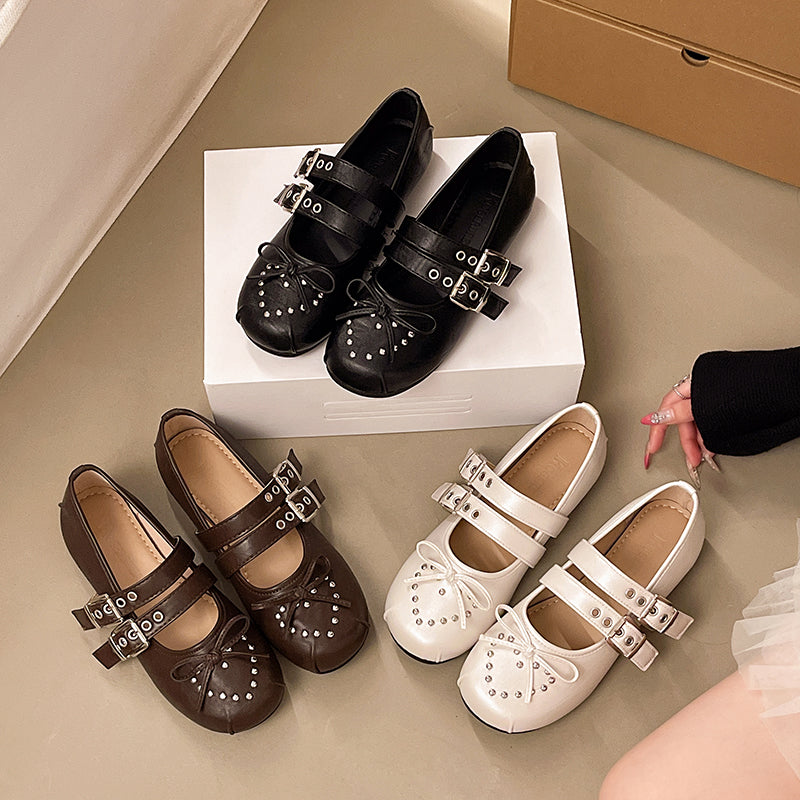 French Retro Rivet Mary Jane Shoes For Women, 2026 New Spring & Autumn Single Strap Ballet Flats, Soft Sole Ladies Dress Shoes