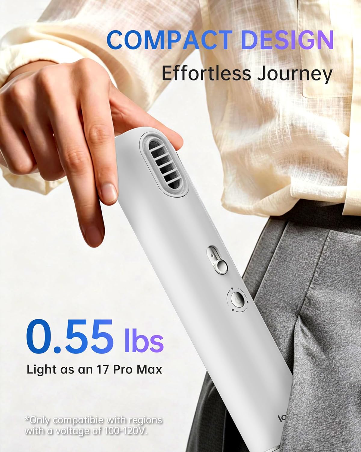 Portable High-Speed Ionic Hair Dryer, 253g Lightweight Compact Blow Dryer With 110,000 RPM Brushless Motor, 1 Billion Negative Ions, Stepless Airflow Control & Gentle Mode, White