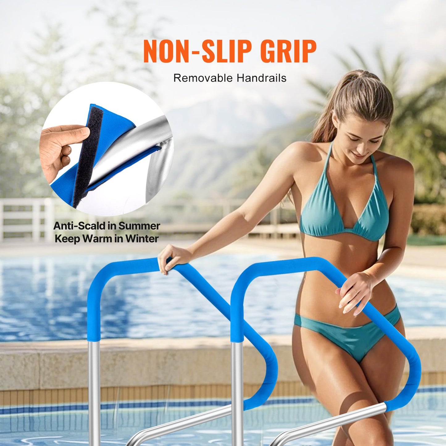 Pool Handrail,46 X 37 Inch Pool Railing, Stainless Steel (Pre-built) For Indoor/Outdoor Pools,Swimming Pool Railing For Decks,Rust-Proof Grab Bar With Blue Grip Cover&Accessories For Spas