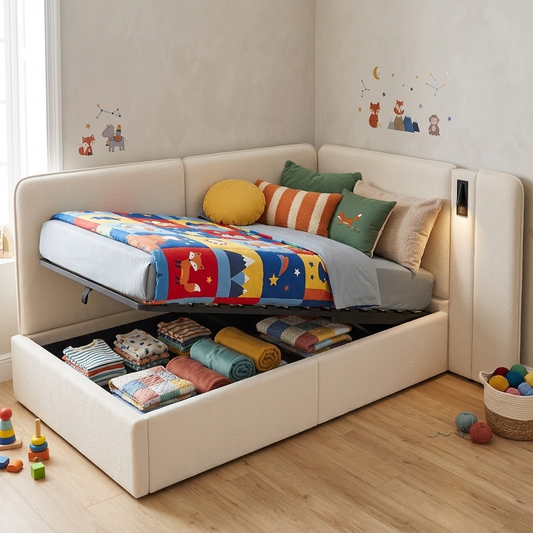Daybed 90x200 Cm With Hydraulic Storage, Upholstered Bed, Daybed, Sofa Bed With USB Charging Port And Reading Lamp, Beige, Boucle