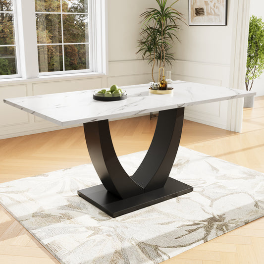 140 X 75.5cm Dining Table,  1-pcs , Modern Kitchen Table, Metal Frame Rectangular Dining Table Modern Marble Pattern Kitchen Table With Adjustable Feet For Dining Room Living Room, White Black
