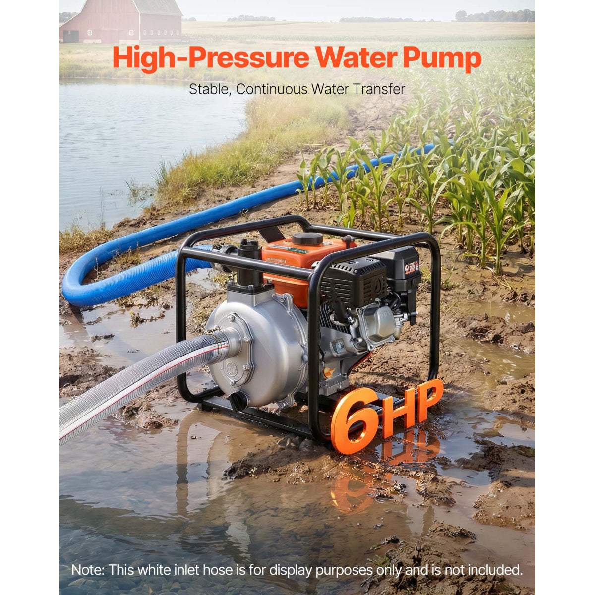 Gas Powered Water Pump, 2 In, 128 GPM 6HP Semi Trash Water Transfer Pump Portable, Gasoline Engine With 25 Ft Discharge Hose, Heavy Duty Frame, Cast Iron Impeller, For Irrigation, Ponds, Pools