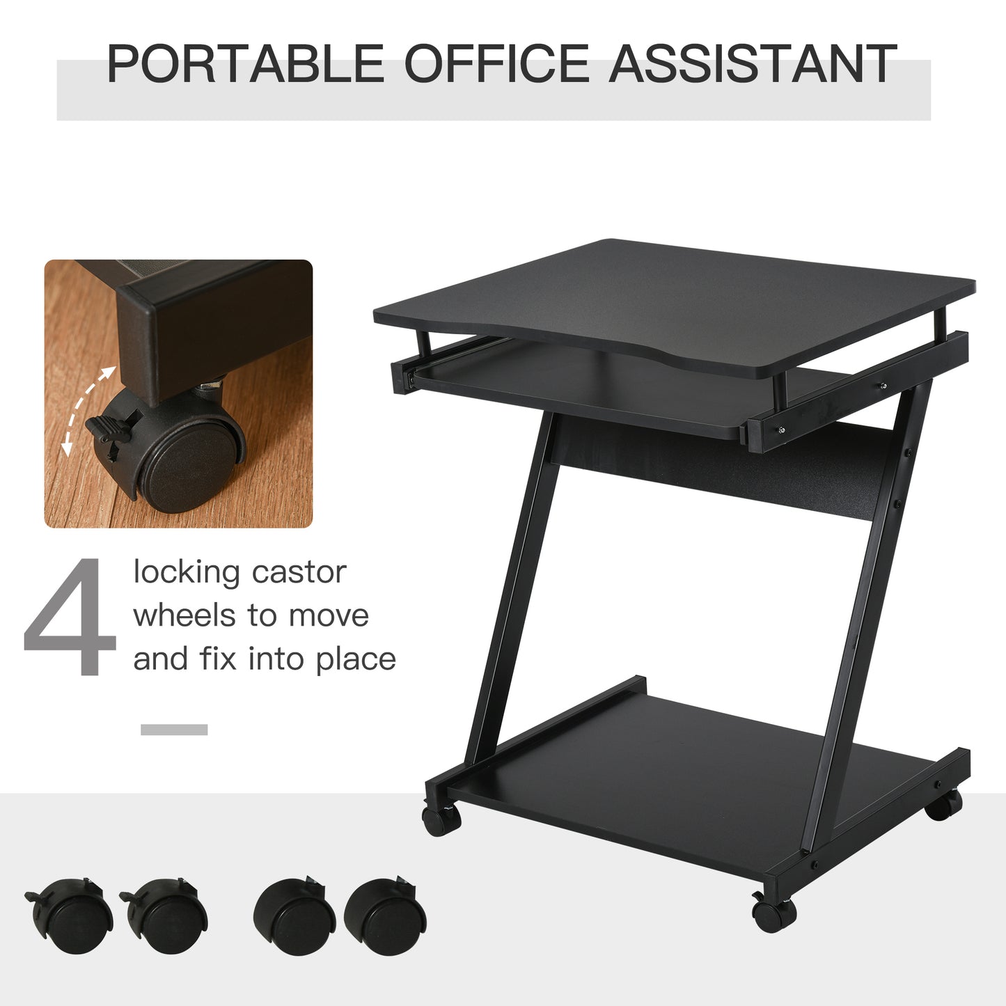Movable Computer Desk With 4 Moving Wheels Sliding Keyboard Tray Home Office Workstation Black