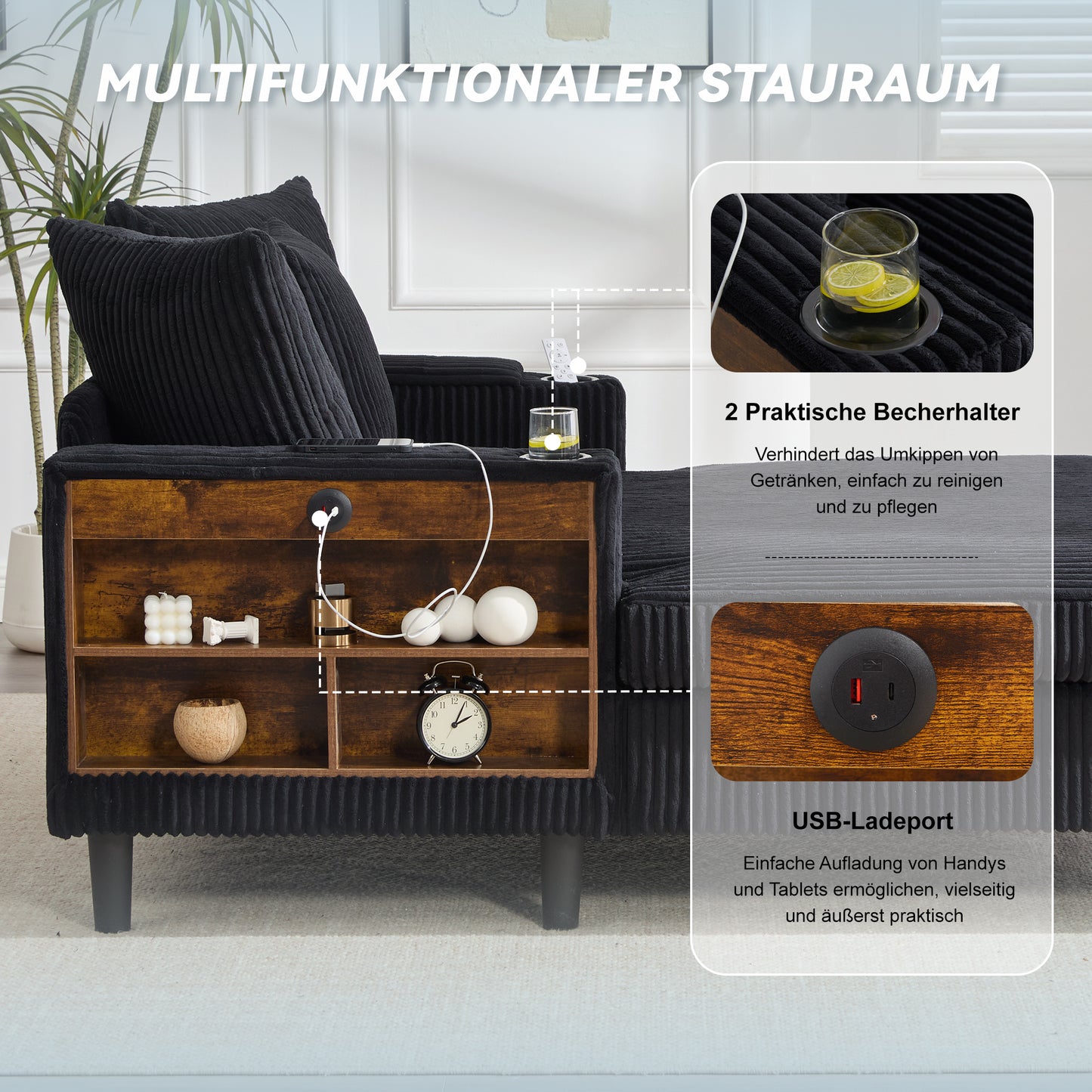Multifunctional Corduroy Lounge With Chaise Longue With Large Lying Surface, Cup Holders On Both Sides, LED Lighting, Side Pocket, Storage Space, USB Charging Port, Sturdy Plastic Feet  Versatile.