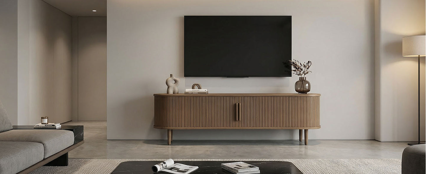 63in Fluted TV Stand Modern Media Console Table Entertainment Center With Sliding Door And Solid Wood Legs For Living Room Bedroom Office