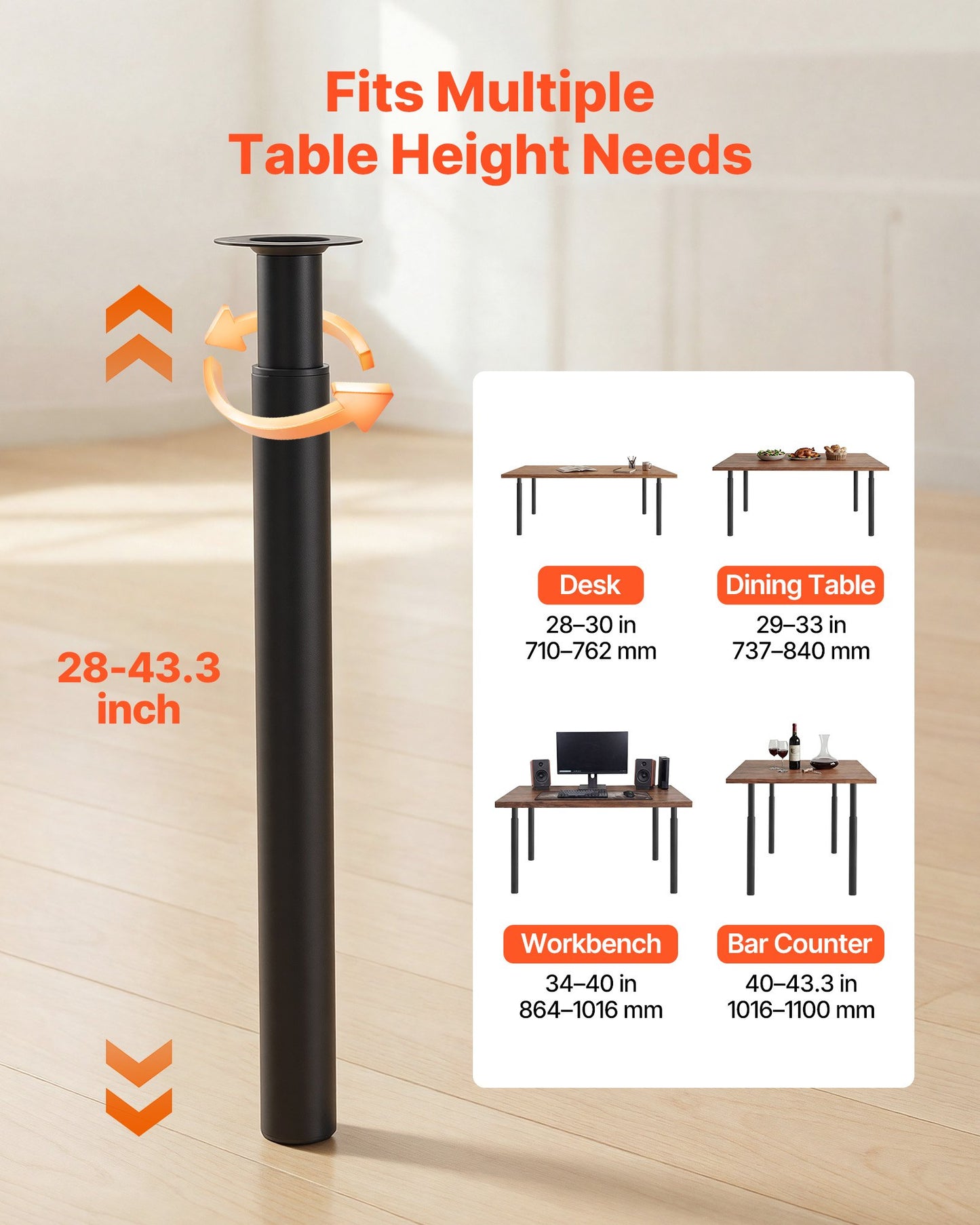 Adjustable Table Legs, 28-43.3 In Steel Furniture Legs, 1200 Lbs Max Load Heavy Duty, Quick Installation, Ideal For Home Office Desk DIY, Coffee Dinner Bar Tables, Workbenches, Set Of 4, Black