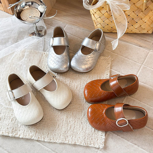 Korean Version Girls' Leather Shoes, Baby Woven Soft Sole Single Shoes, Little Girls' Princess Shoes, Mary Jane Shoes