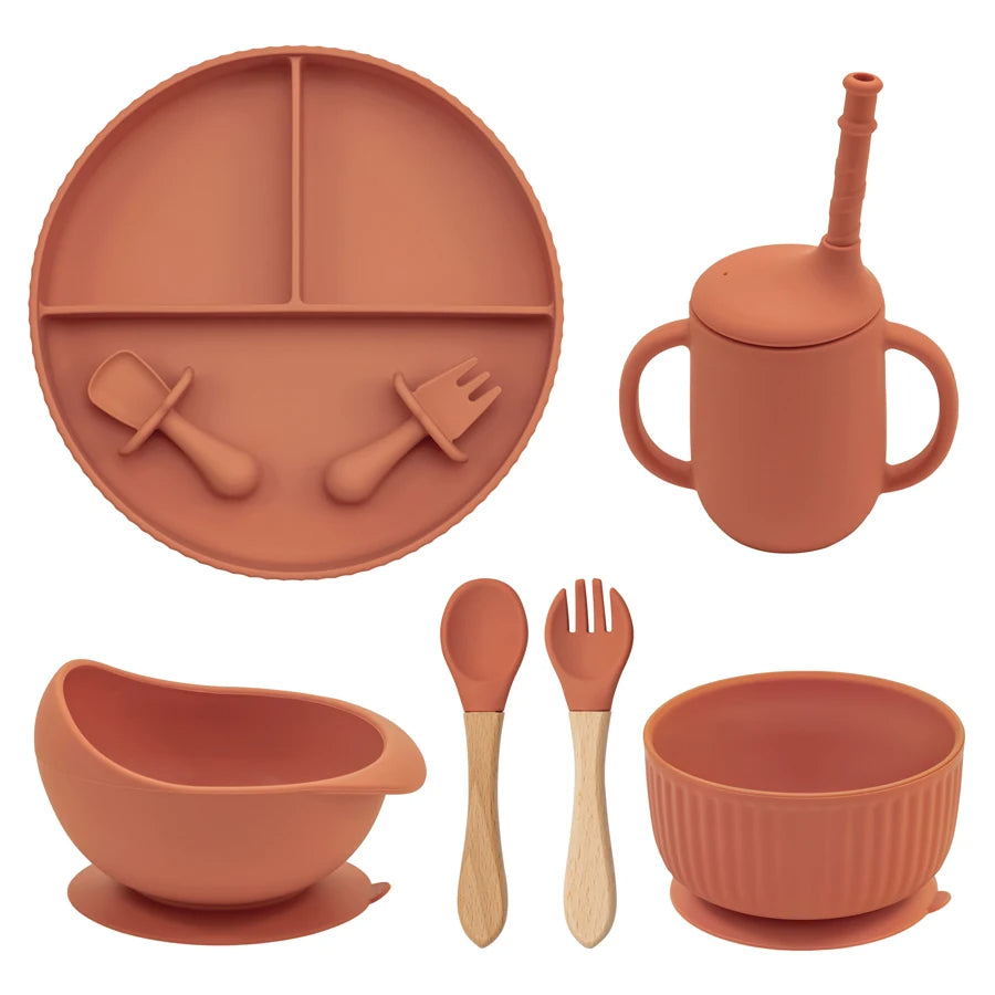 Baby Silicone Cookware Feeding Plate Bowl Set Non-Slip Suction Food Dishes Drinking Cup BPA Free Fork Spoon Children's Tableware