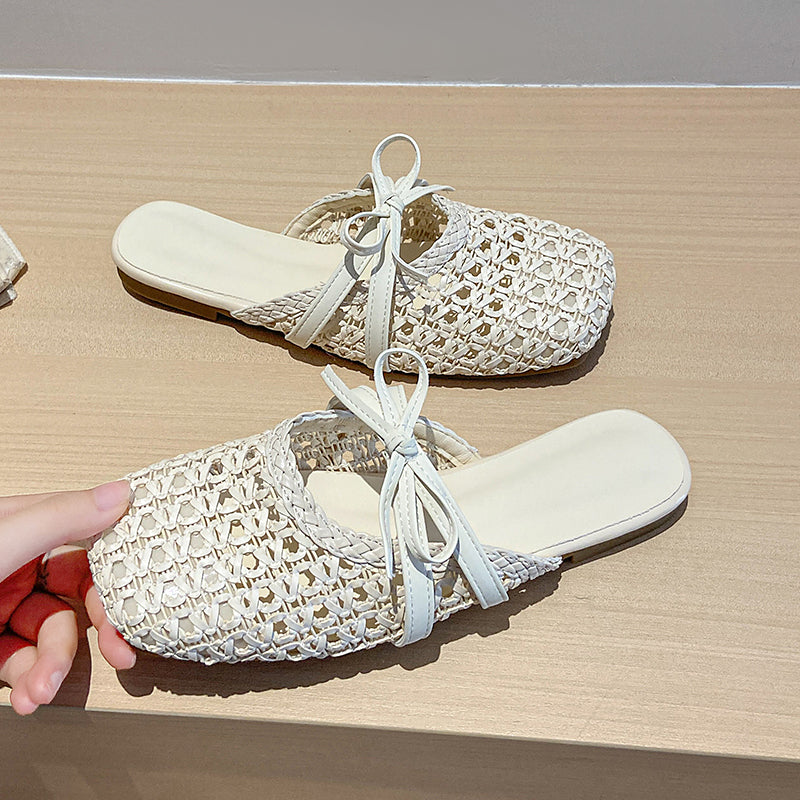 2026 Hot French Woven Hollow Out Mules For Women, Slip-on Flat Elegant Closed Toe Slides For Outdoor Summer Wear