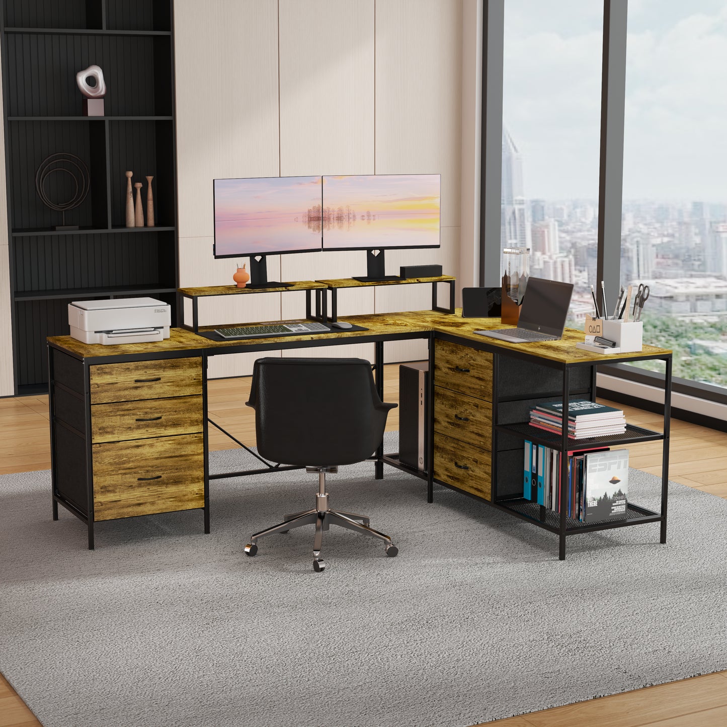114  L-shaped Desk With Power Hub, Industrial Gaming Desk - 6 Drawers, Removable Monitor Stand, Rustic Brown Home Office