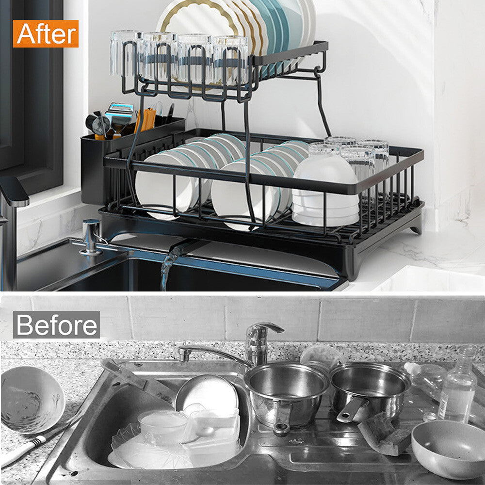 2 Tier Dish Drainer Drying Rack With Cup Holder Cutlery Tray Kitchen Organiser