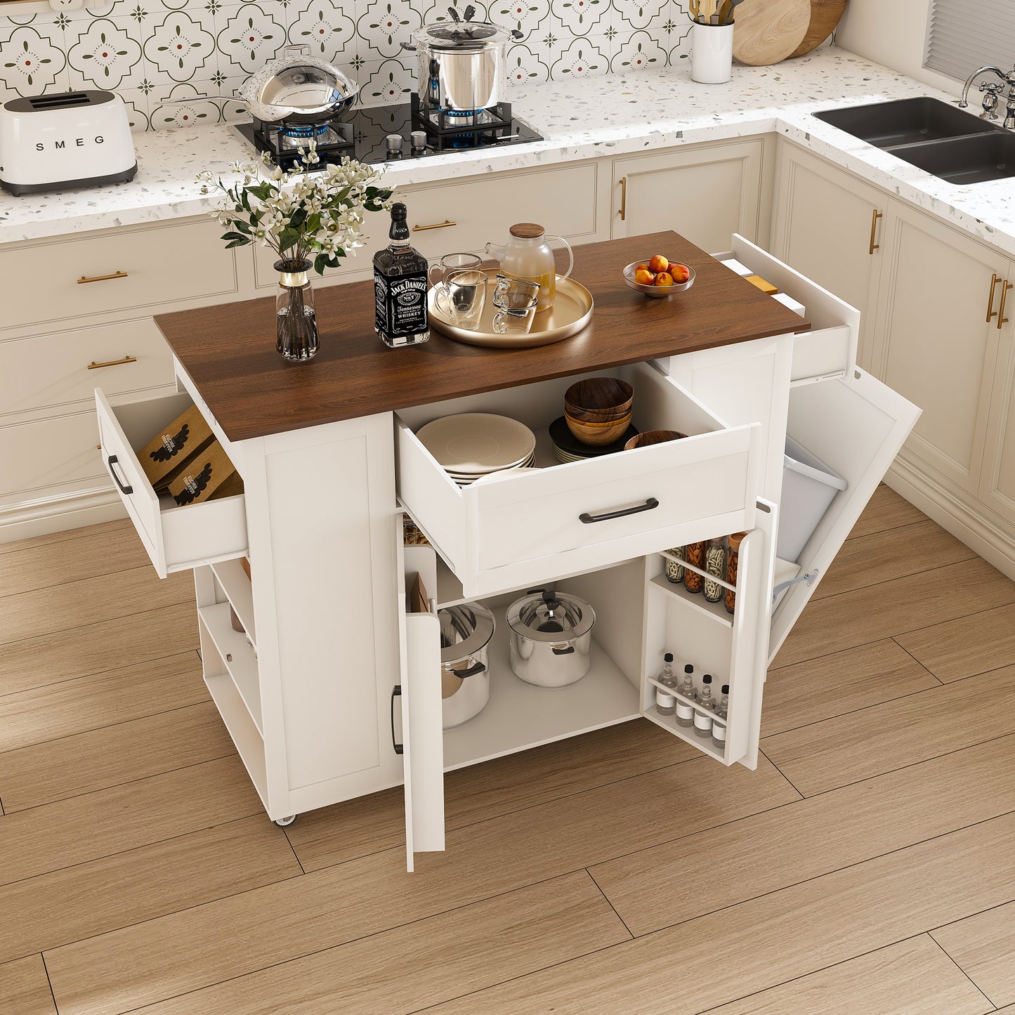 46 Kitchen Island On Wheels With Storage & Power Outlet - Movable Rustic Breakfast Bar Table  Wood Top With Adjustable Shelf & Drawer For Kitchen Dining Living Room  White