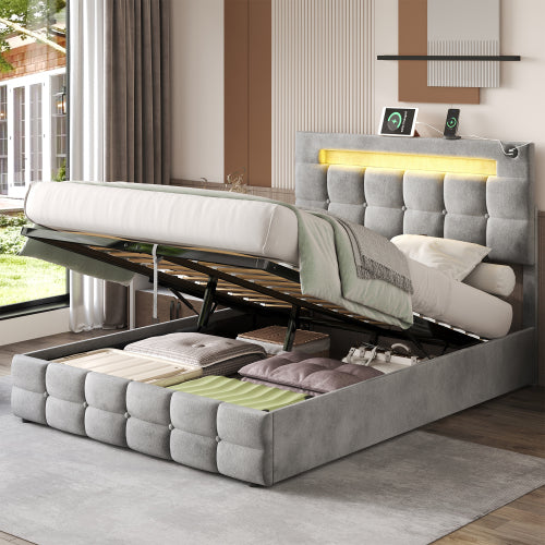 4ft6 Double Upholstered Bed Frame With Hydraulic Storage, Velvet Ottoman Bed With LED Lighting And Charging Station, Double Bed With Adjustable Button Tufted Headboard, Beige