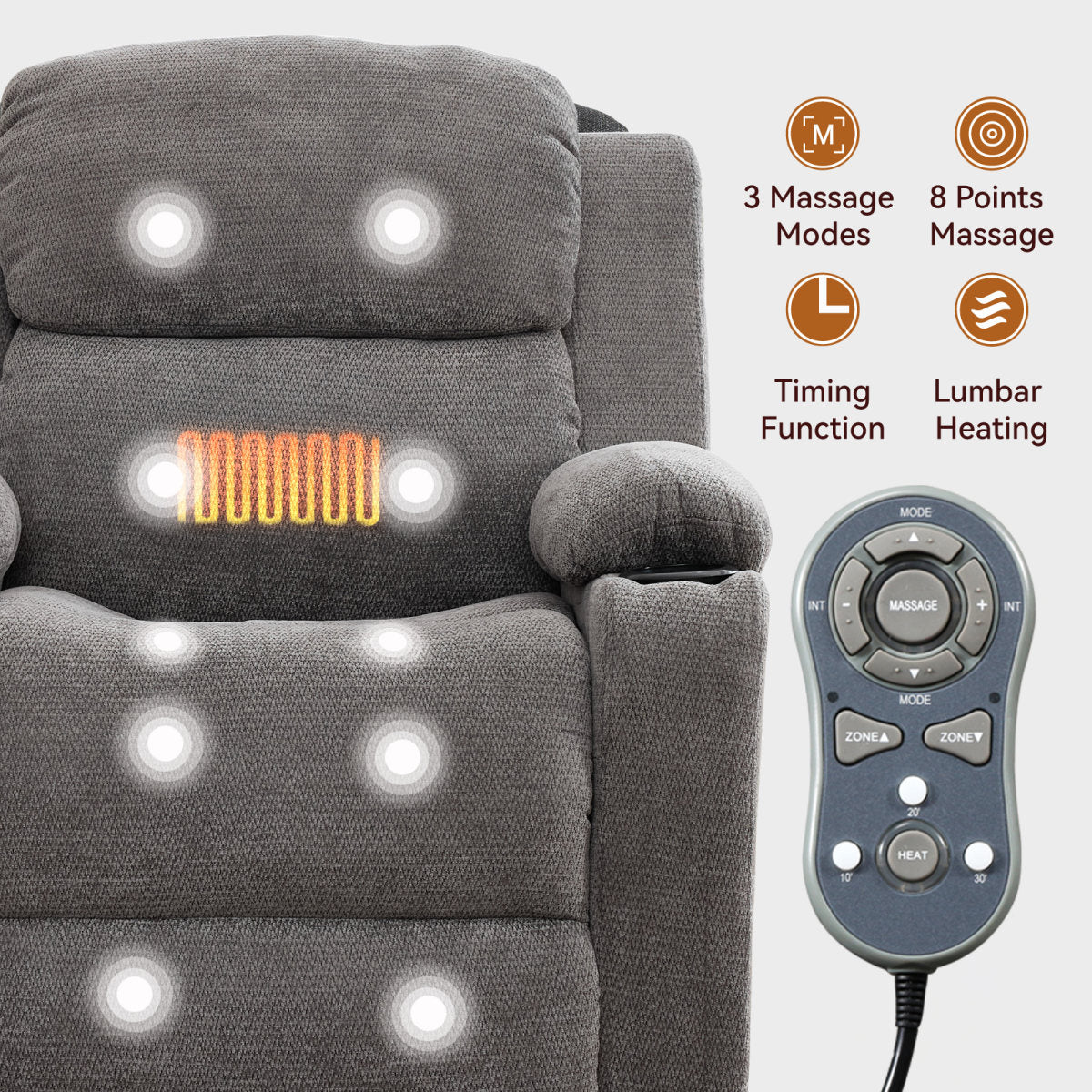 Infinite Position Single Motor Up To 350 LBS Power Lift Recliner Chair For Elderly, Heavy Duty Motion Mechanism With 8-Point Vibration Massage And Lumbar Heating, Cup Holders, Grey