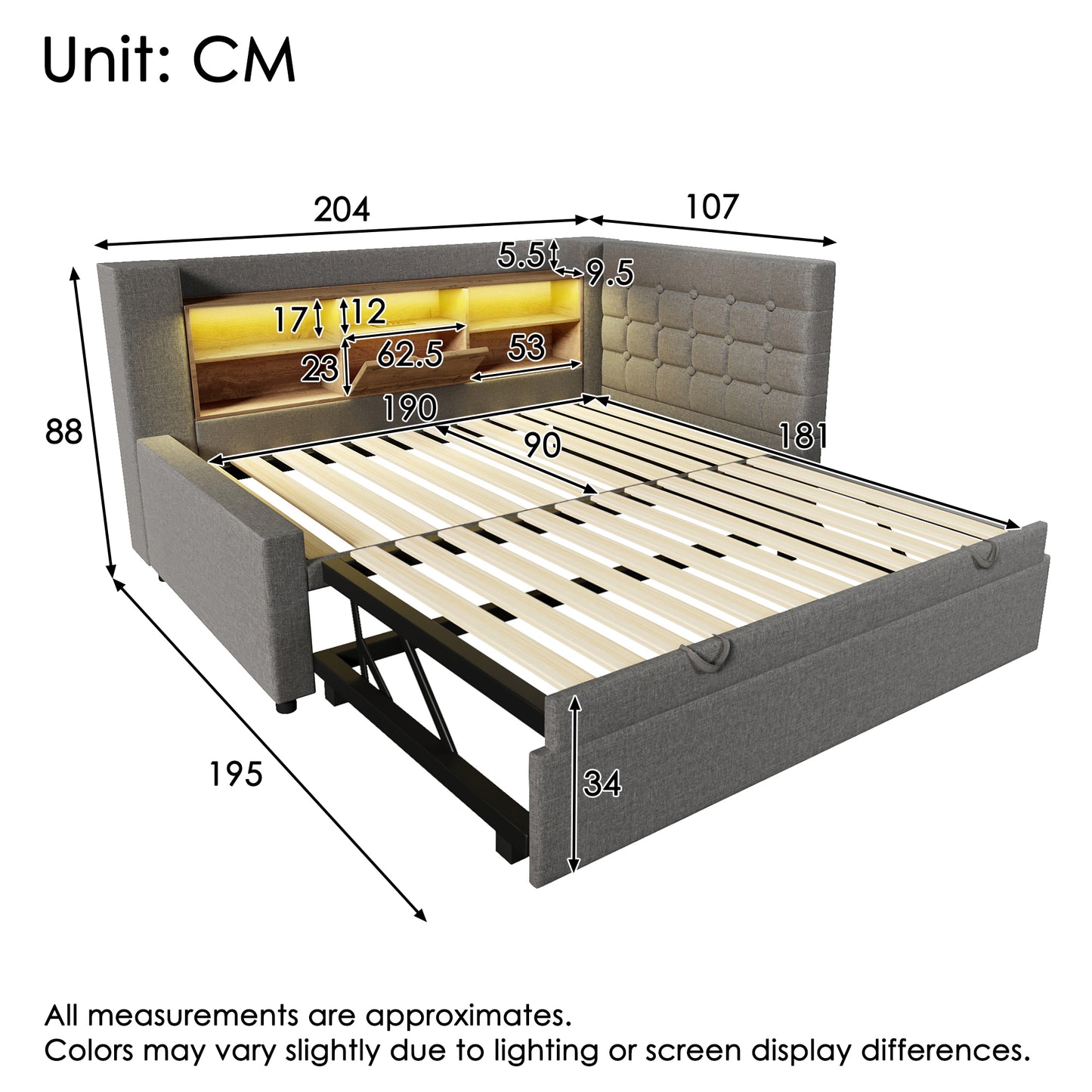 Daybed Upholstered Bed 90 X 190 Cm, 3FT Single Sofa Bed With Storage, USB &Type-C Charging Station, Pull Out Trundle For Living Room And Bedroom, Linen, Grey  No Mattress