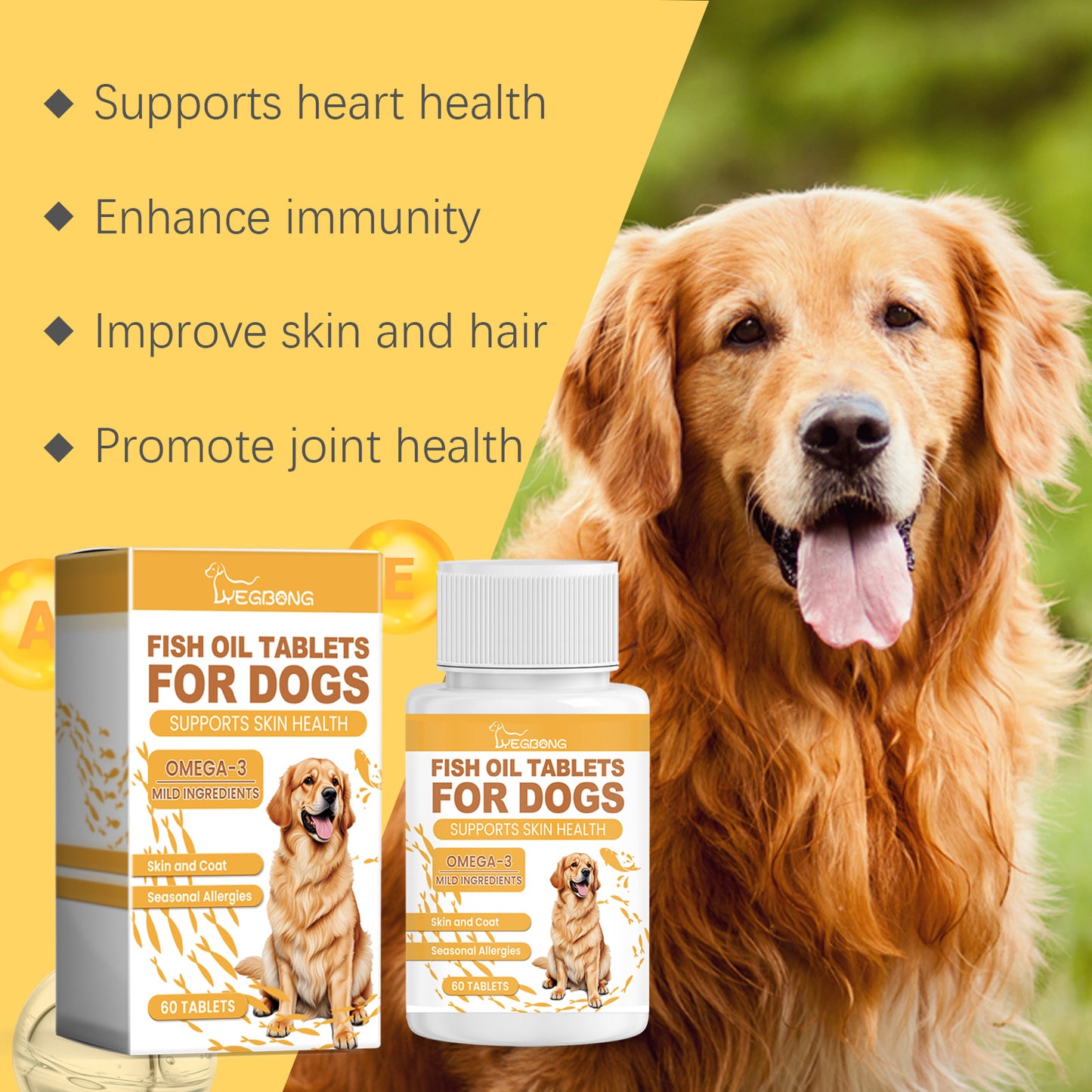 Dog Fish Oil Chewable Tablets,3 Skin & Coat Supplement For Itchy Skin, Seasonal Allergies, Support Bone, Digestion & Reproductive Health, 60 Tablets
