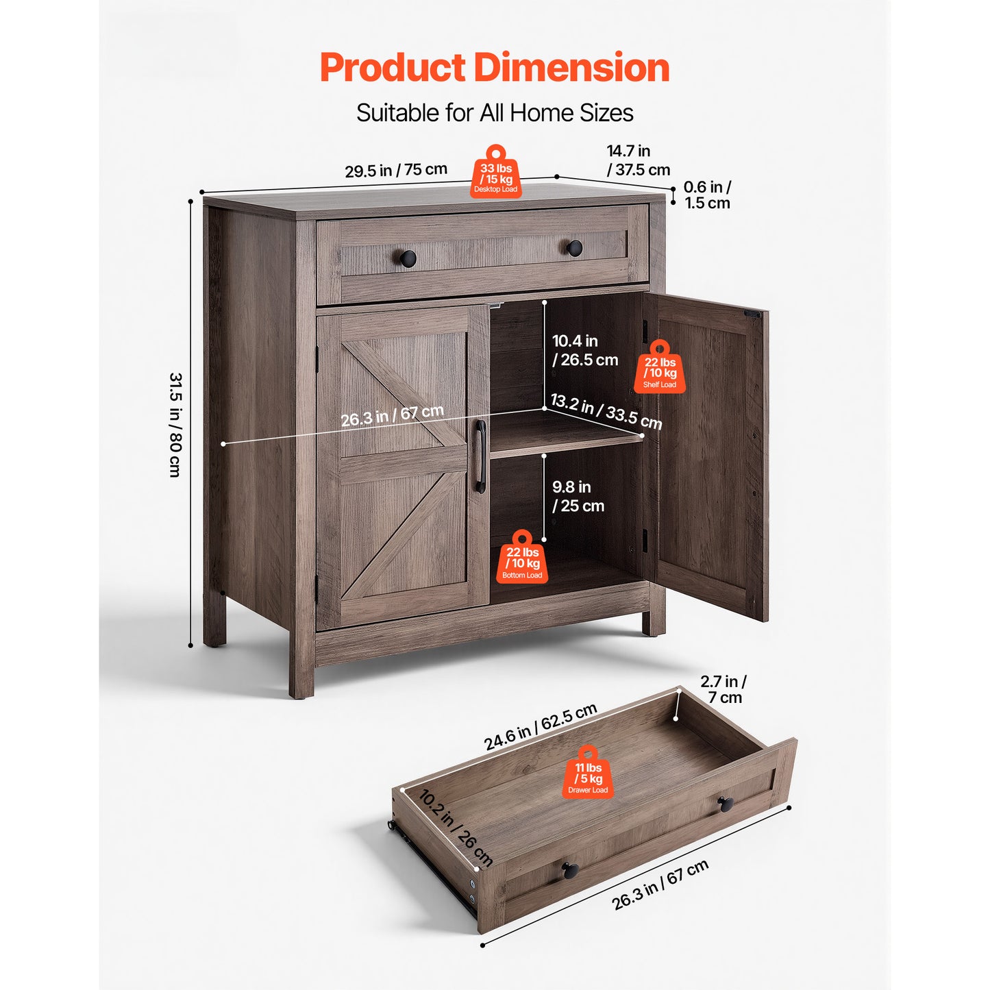 Coffee Bar Cabinet, Farmhouse Coffee Bar Table With Drawer, Buffet Stand Cabinet With 2 Barn Doors, Sideboard Buffet Station For Living Room, Entryway, Kitchen, 29.5 X 14.7 X 31.5 In, Grey