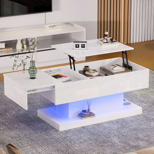 High Gloss Lift Tea Table LED Coffee Tables Coffee Table 100x50x45 Cm With LED Lighting - Semi-Liftable Table Top And Sideways Sliding Design, Hydraulic Lift And Storage