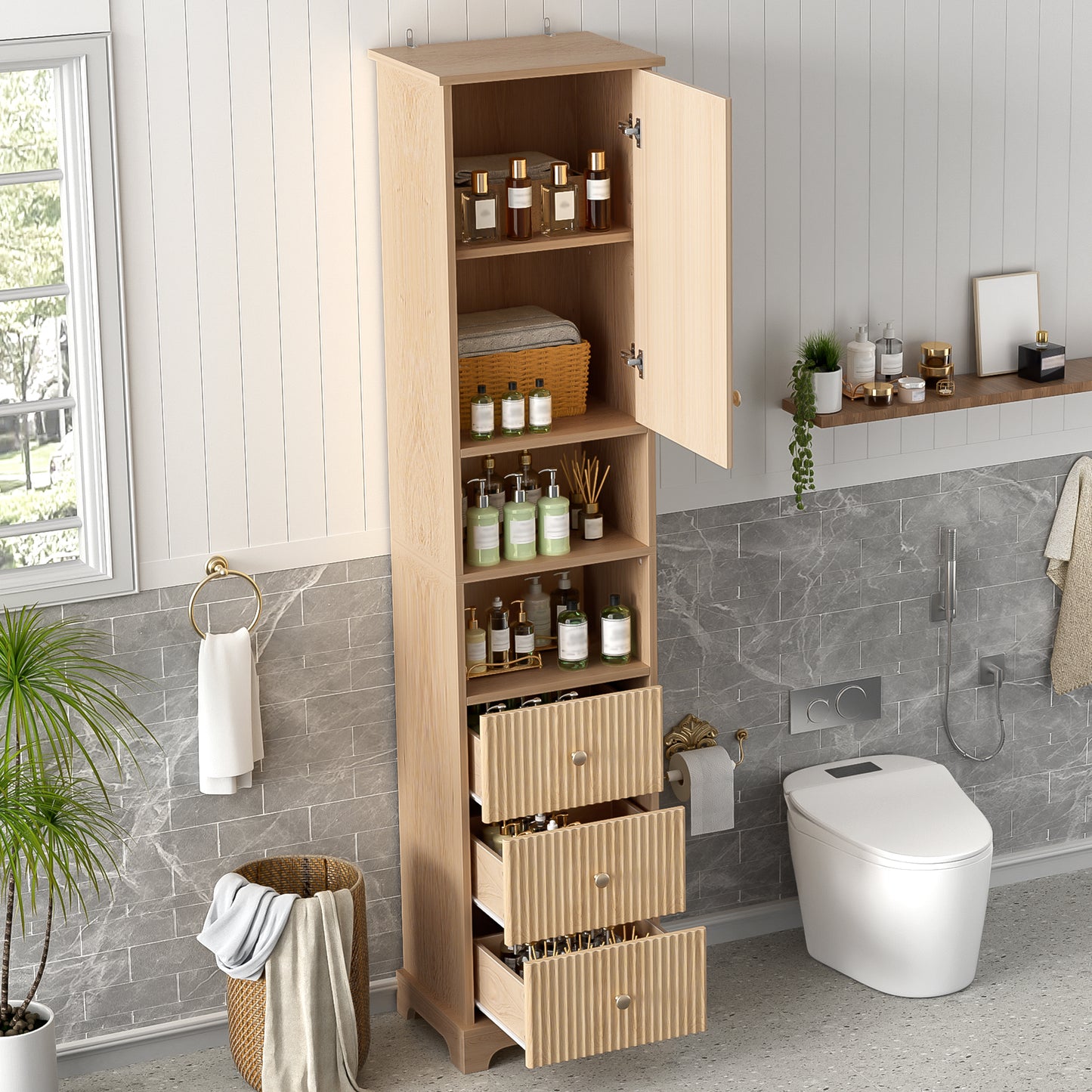 40x30x172cm Bathroom Cabinet, PVC Thermoformed Board, Vertical Stripe Pattern, Three Drawers, One Body, Two Open Shelves, Adjustable Shelves, Natural Wood Color.