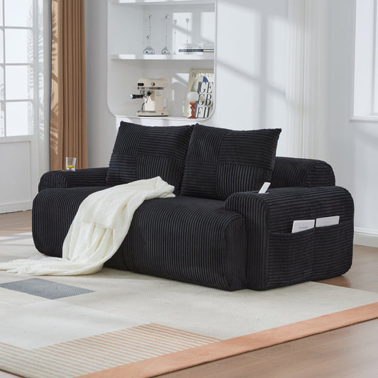 Modular 2-Seater Corduroy Sofa, Freely Configurable And Vacuum-packed, Featuring Built-in Cup Holders And Side Storage Pockets. Ideal For Living Rooms, Family Rooms, And Other Spaces.Black.