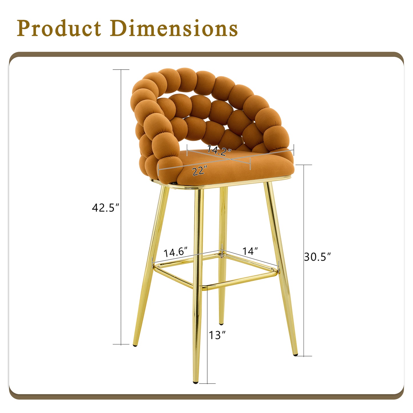 Set Of 2 Orange Puffy Bubble Chair Ball Chain Chair Velvet Bar Stools With Gold Legs, Modern Tufted Accent Bar Chairs For Kitchen Island & Home Bar