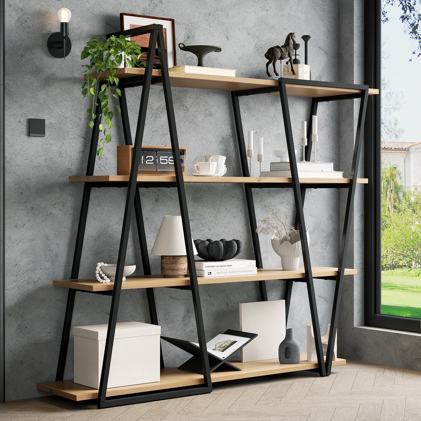 158x35x166 Cm Geometric Standing Shelf  Bookcase  Open Metal Shelf With 25 Mm Thickened MDF Wooden Floors, Triangle Design, For Living Room, Kitchen & Study,Shelf - Bookcase