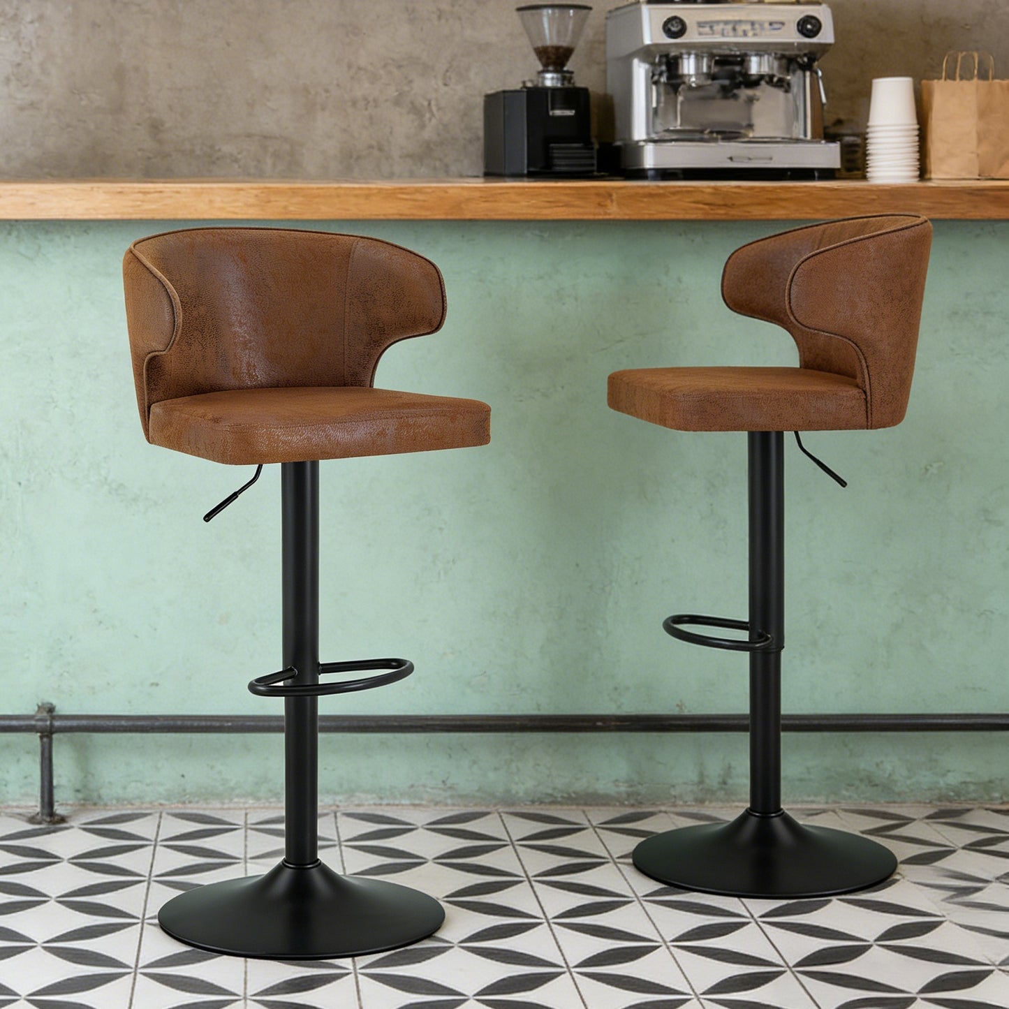 Modern Rotating Adjustable Bar Chair, Suede With Backrest Swivel Chair, Suitable For Kitchen Bar And Dining Room, Height Adjustable, Load-bearing Up To 300 Pounds  Brown -2 Pieces