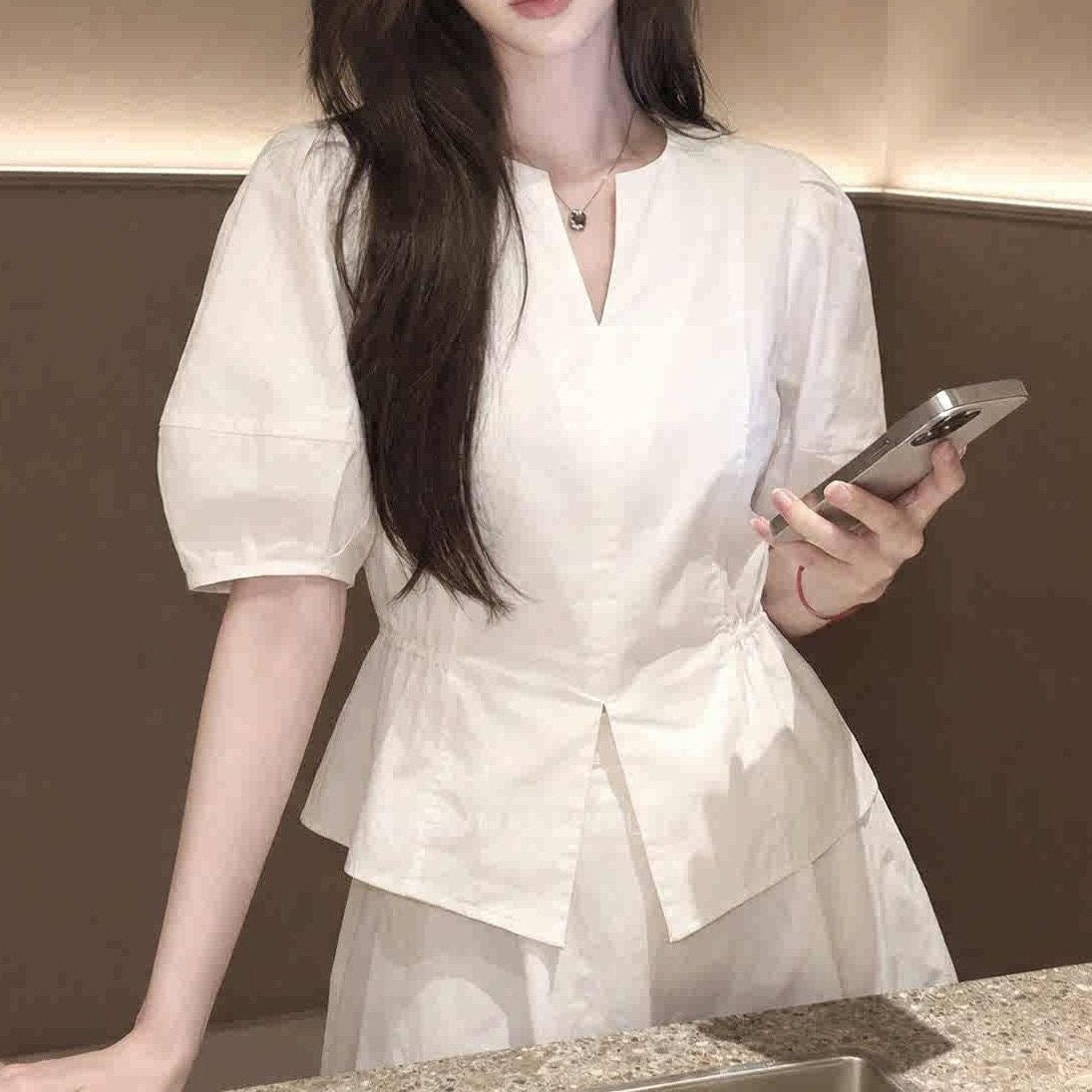 Summer New Arrival Designer White Puff-sleeve Waist-cinching Blouse
