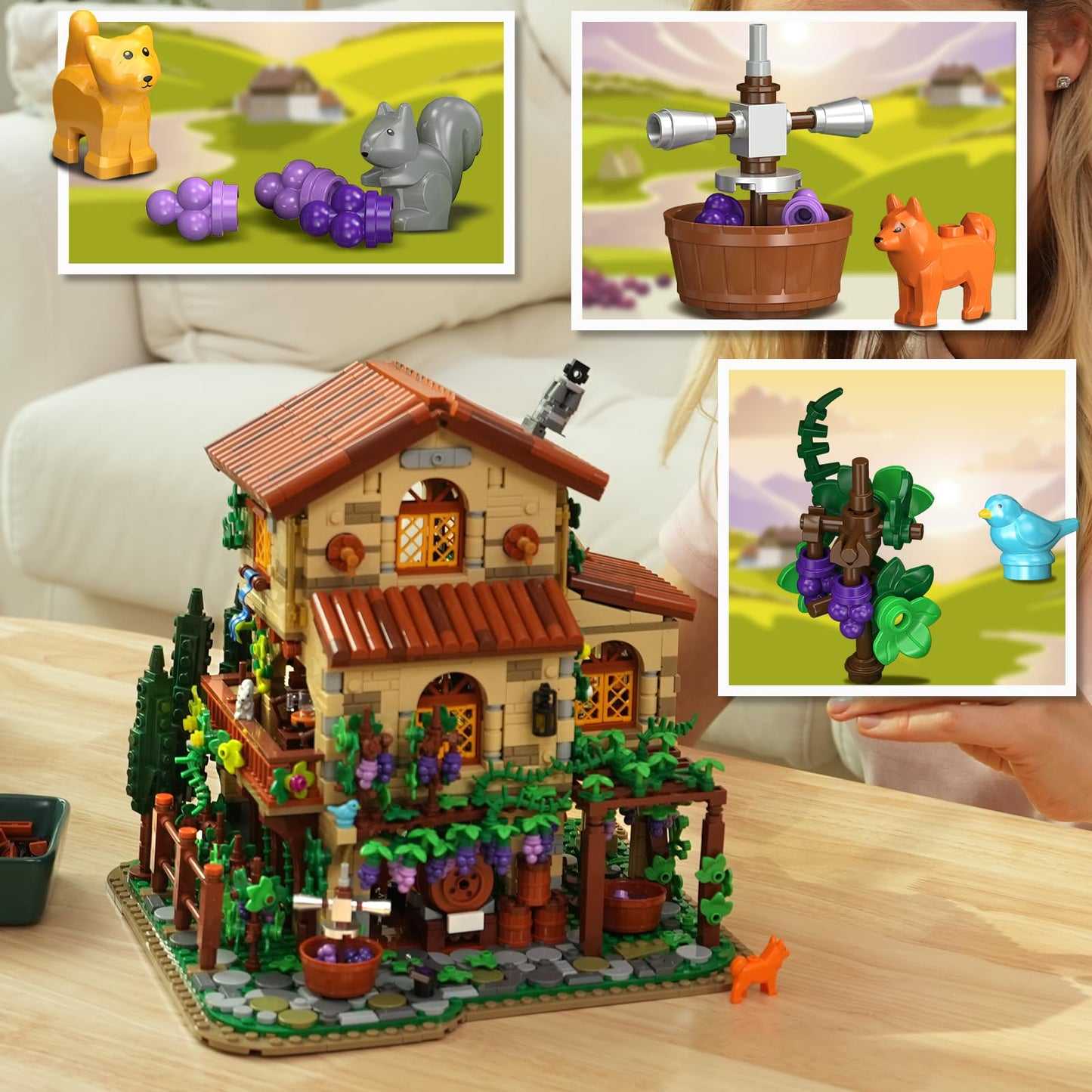 Winery Chateau House Building Set With Lights, Vineyard Castle Construction Model Home Decor, Vine Estate Autumn Cabin Building Block Kit, Birthday Gift For Adults Teens Boys Girls