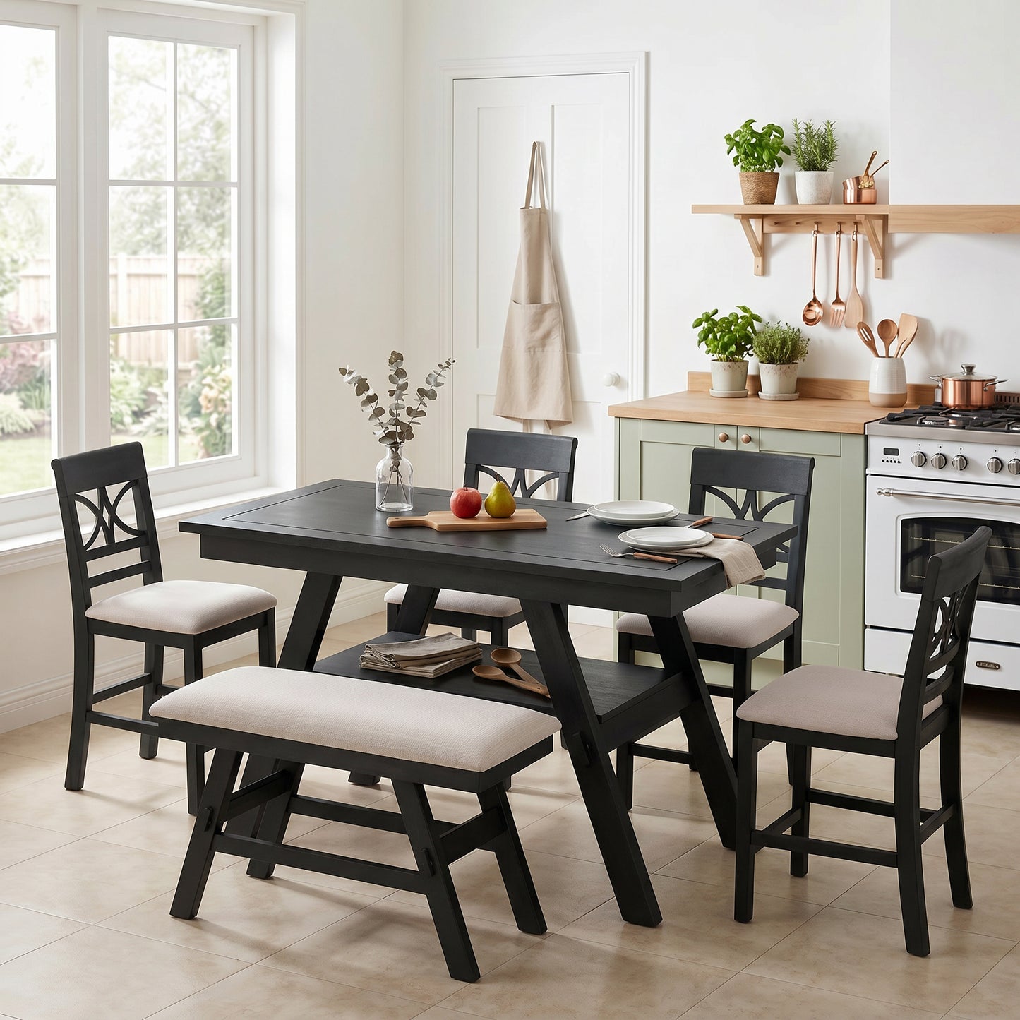 TOPMAX 6-Piece Wood Counter Height Dining Table Set With Storage Shelf, Kitchen Table Set With Bench And 4 Chairs,Rustic Style,Espresso Beige Cushion  Old Sku N717S000257AAP