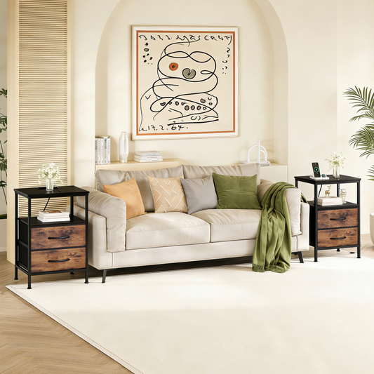 A Small Bedside Table With A Charging Station And Two Fabric Drawers, And A Side Bedside Table