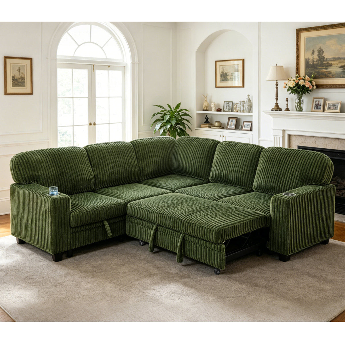 L-Shaped Sectional Sofa Bed with Pull-Out Bed & Storage, 5-Seat Sleeper Couch with USB Charging, Convertible Design for Living Room, Apartment, Corduroy Fabric, Olive Green