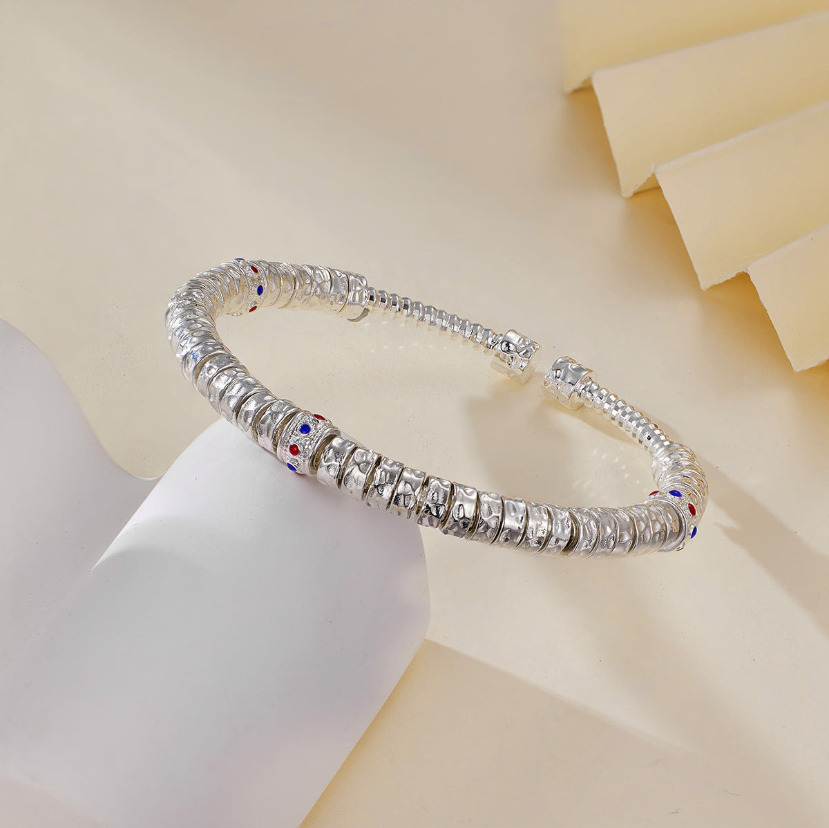 1pc S925 Silver Hammered Coiled Beaded Bangle, Retro Chinese Style, Perfect For Daily Wear & Holiday Gifts