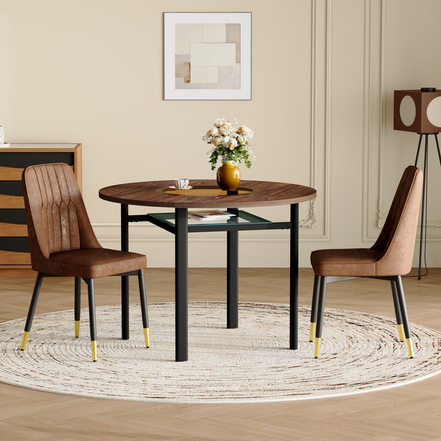 Modern Minimalist Round Dining Table Set  With 2 Brown Tech Fabric Armchairs With Black Metal Legs , Round Table With 100 Cm Diameter In Wood Look, Suitable For Dining Room And Kitchen.