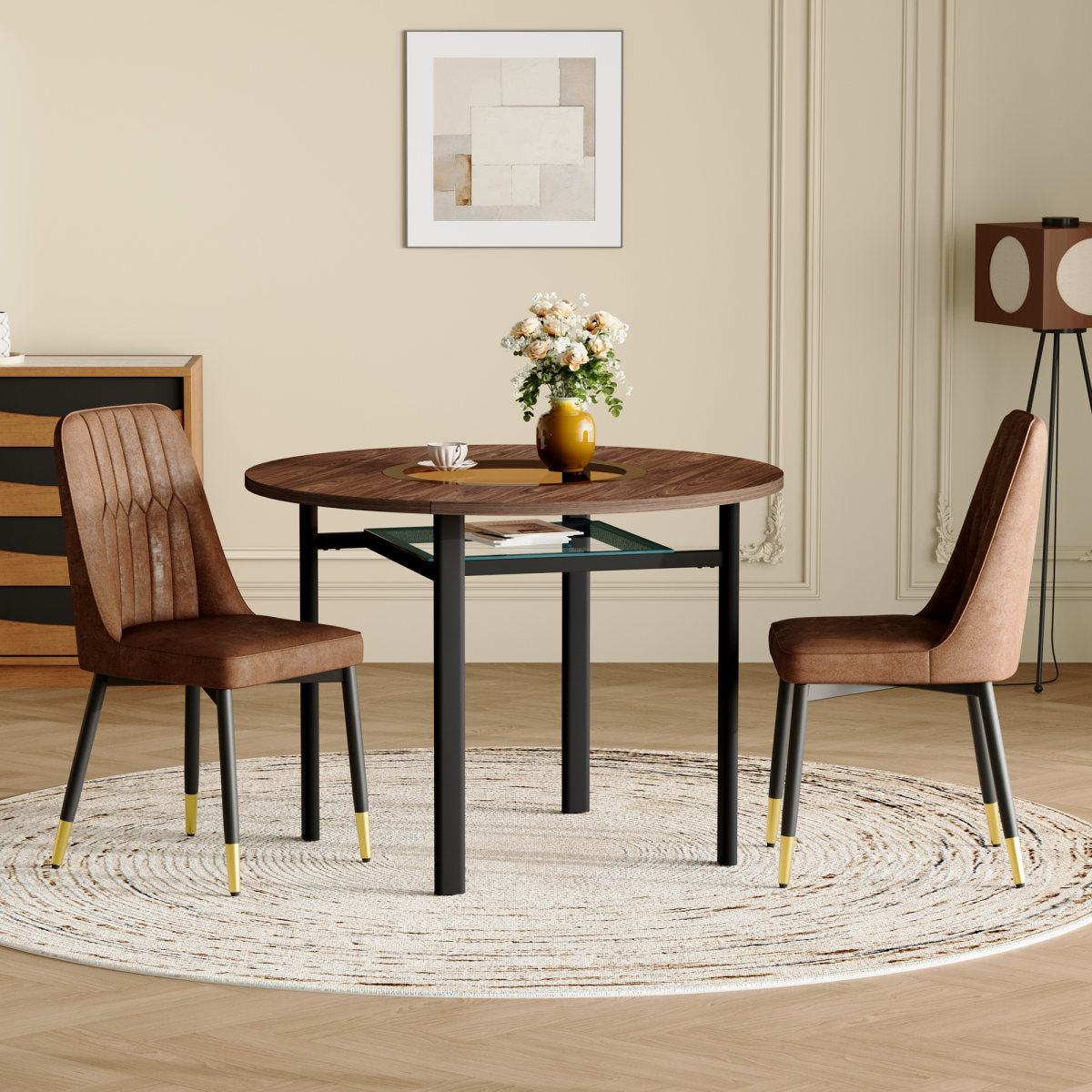Modern Minimalist Round Dining Table Set  With 2 Brown Tech Fabric Armchairs With Black Metal Legs , Round Table With 100 Cm Diameter In Wood Look, Suitable For Dining Room And Kitchen.
