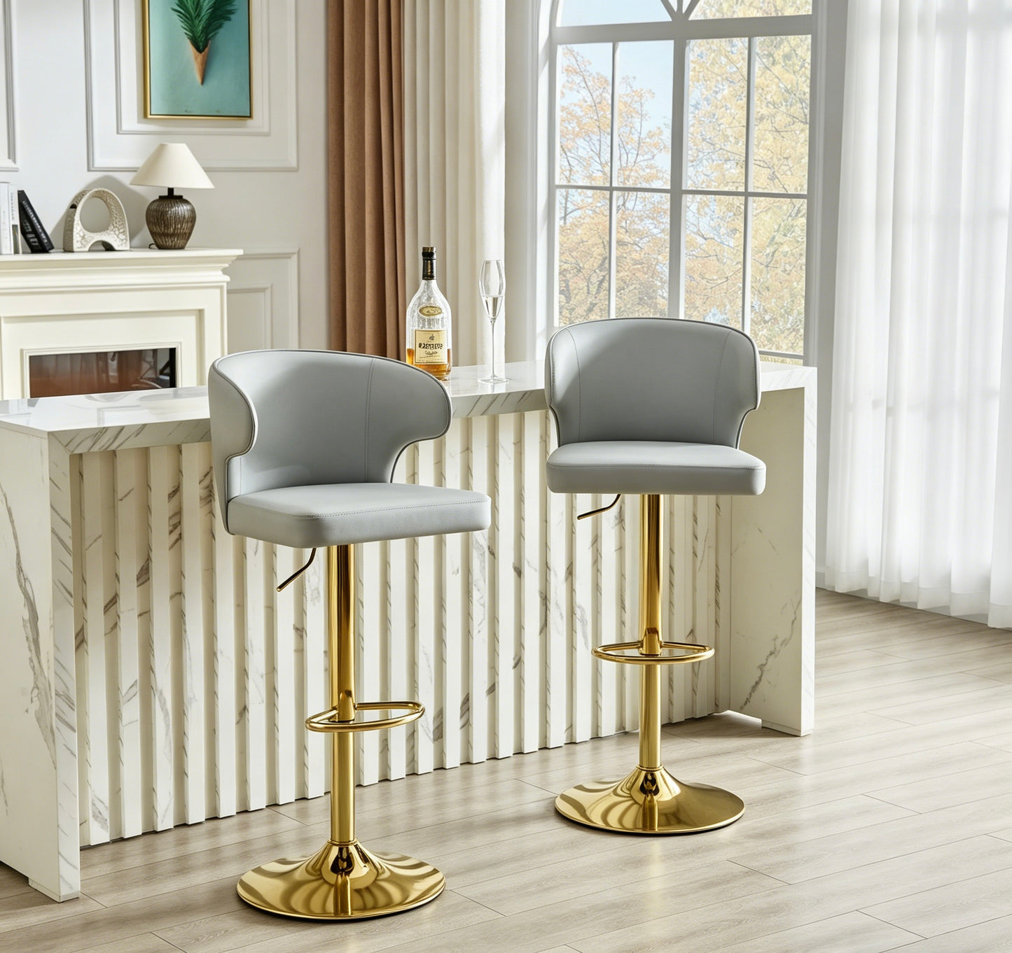 Modern Rotating Adjustable Bar Chair, PU Leather Belt Backrest Swivel Chair, Suitable For Kitchen Bar Counter And Dining Room, Adjustable Height, Capable Of Bearing 300 Pounds  Grey -2 Pieces