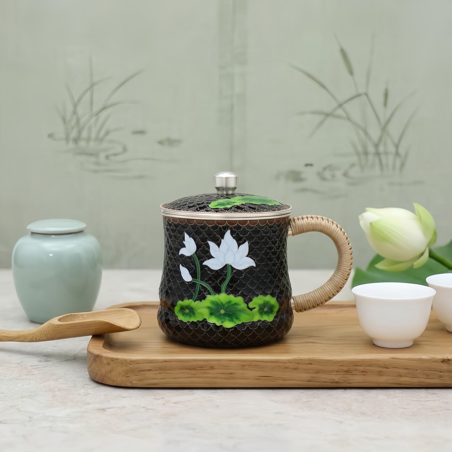 Pure 999 Fine Silver Handcrafted Cloisonné Lotus Tea Mug with Rattan Handle and Lid - Handicraft