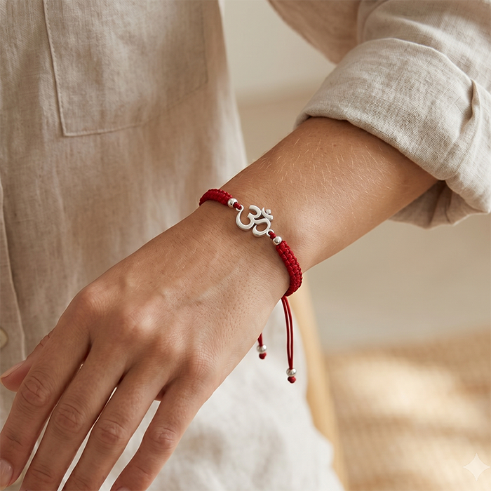 Yoga Om Symbol Bracelet, Adjustable Flat Knot Braided Cord, Silver Tone Charm, Spiritual Boho Style Jewelry For Women