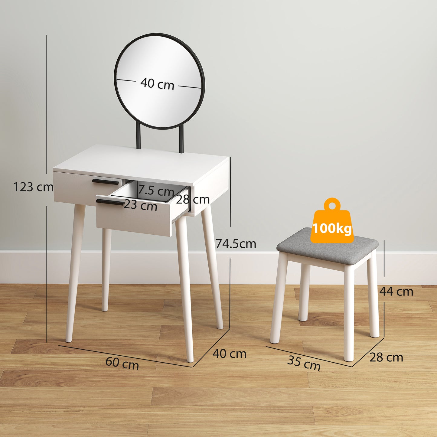 Dressing Table With Mirror And Stool, Vanity Makeup Desk Set With 2 Drawers, Cushioned Stool And Make-up Organiser For Bedroom And Dressing Room, 60 X 40 X 123 Cm, White