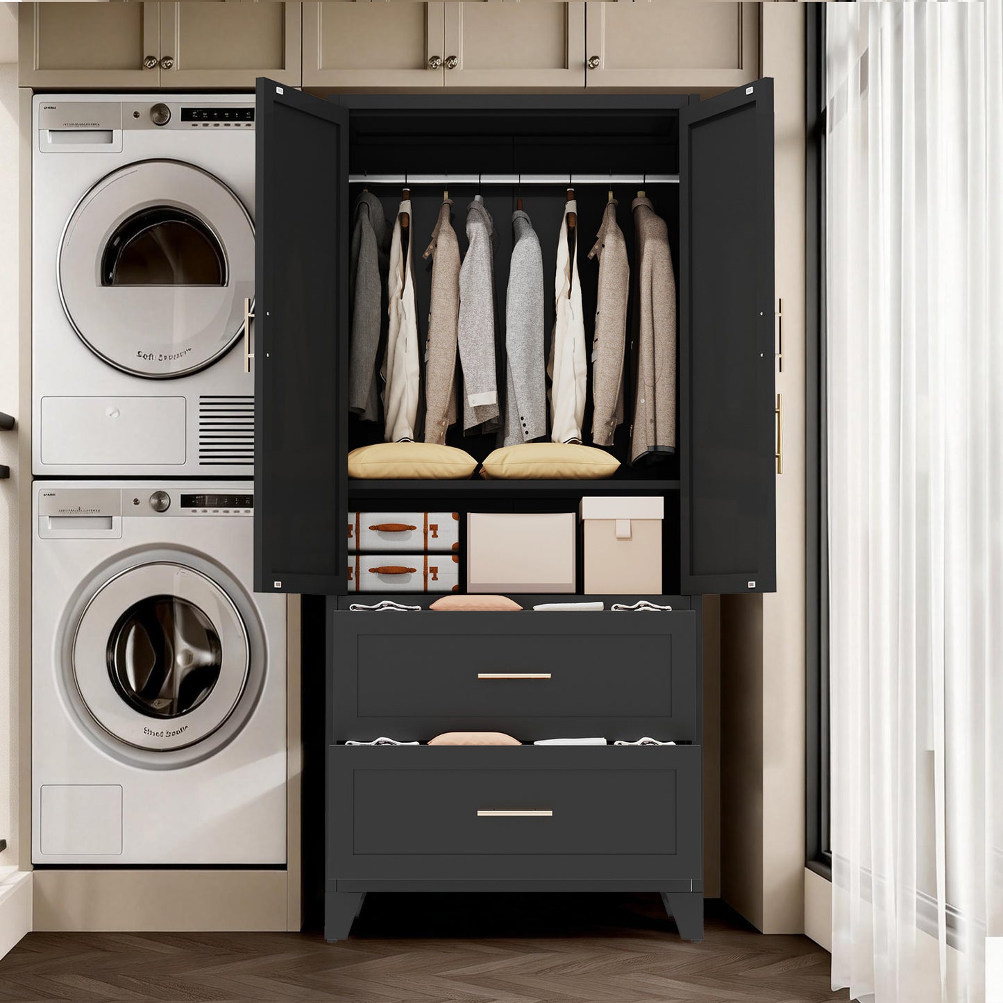 71 Tall Metal Wardrobe Cabinet With 2 Drawers And Hanging Rod, 2 Doors Wardrobe Closet With Shelf For Bedroom, Office, Laundry Room,Entryway ,Foyer,Guesthouse  Black