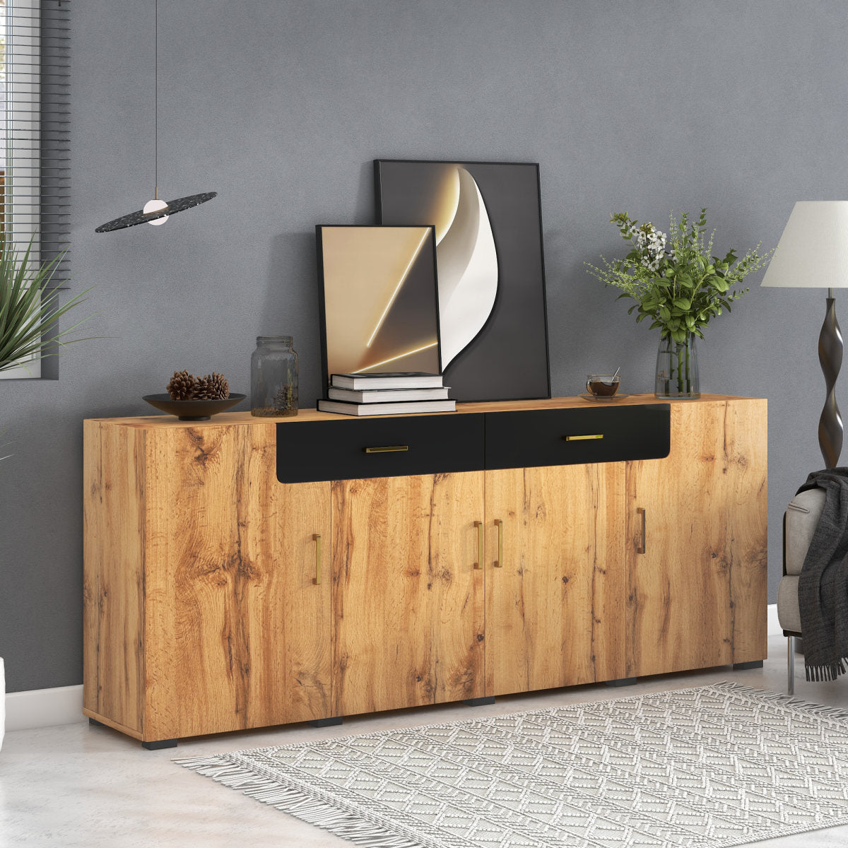 Sideboard, Kitchen Cabinet, Storage Cabinet, 208 X 39.5 X 80 Cm, Unit With 4 Doors And 2 Drawers, Sideboard Buffet
