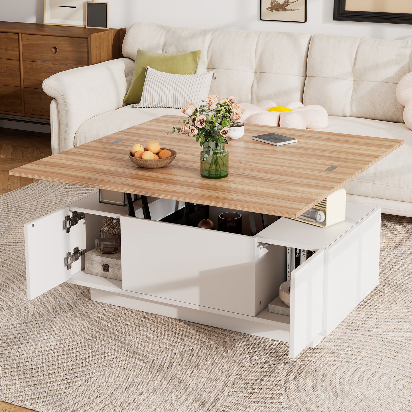 Lift Up Coffee Table With Hidden Storage, Centre Table With 2doors 2 Lifting Platforms, Lifting Sofa Side Table, Space-saving End Table, Tea Table, 100x50x55.5cm, White  Natural Wood, Particleboard