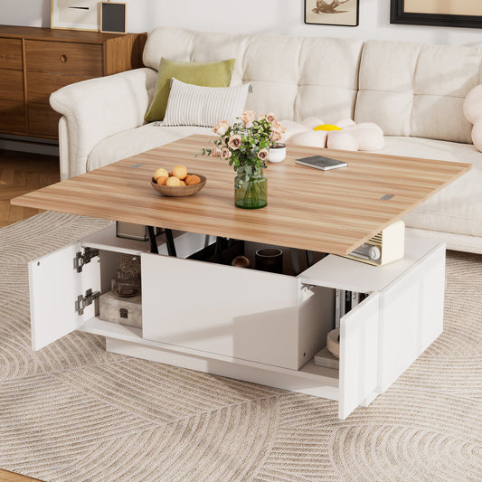 Lift Up Coffee Table With Hidden Storage, Centre Table With 2doors 2 Lifting Platforms, Lifting Sofa Side Table, Space-saving End Table, Tea Table, 100x50x55.5cm, White  Natural Wood, Particleboard