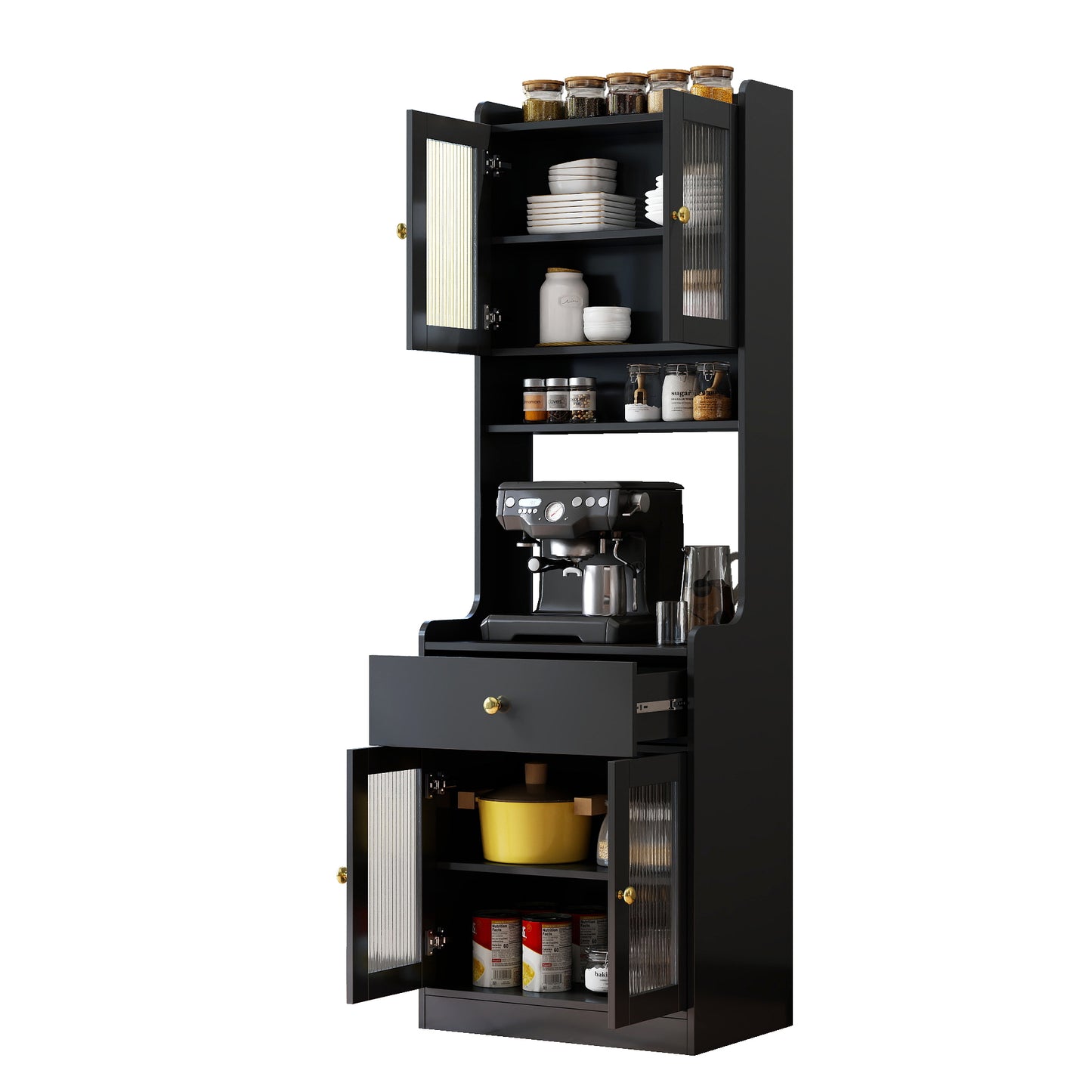 Black Kitchen Pantry Hutch Storage Cabinet, Farmhouse Kitchen Hutch Buffet Cabinet With Microwave Stand, Freestanding Buffet Sideboard Coffee Bar Cabinet