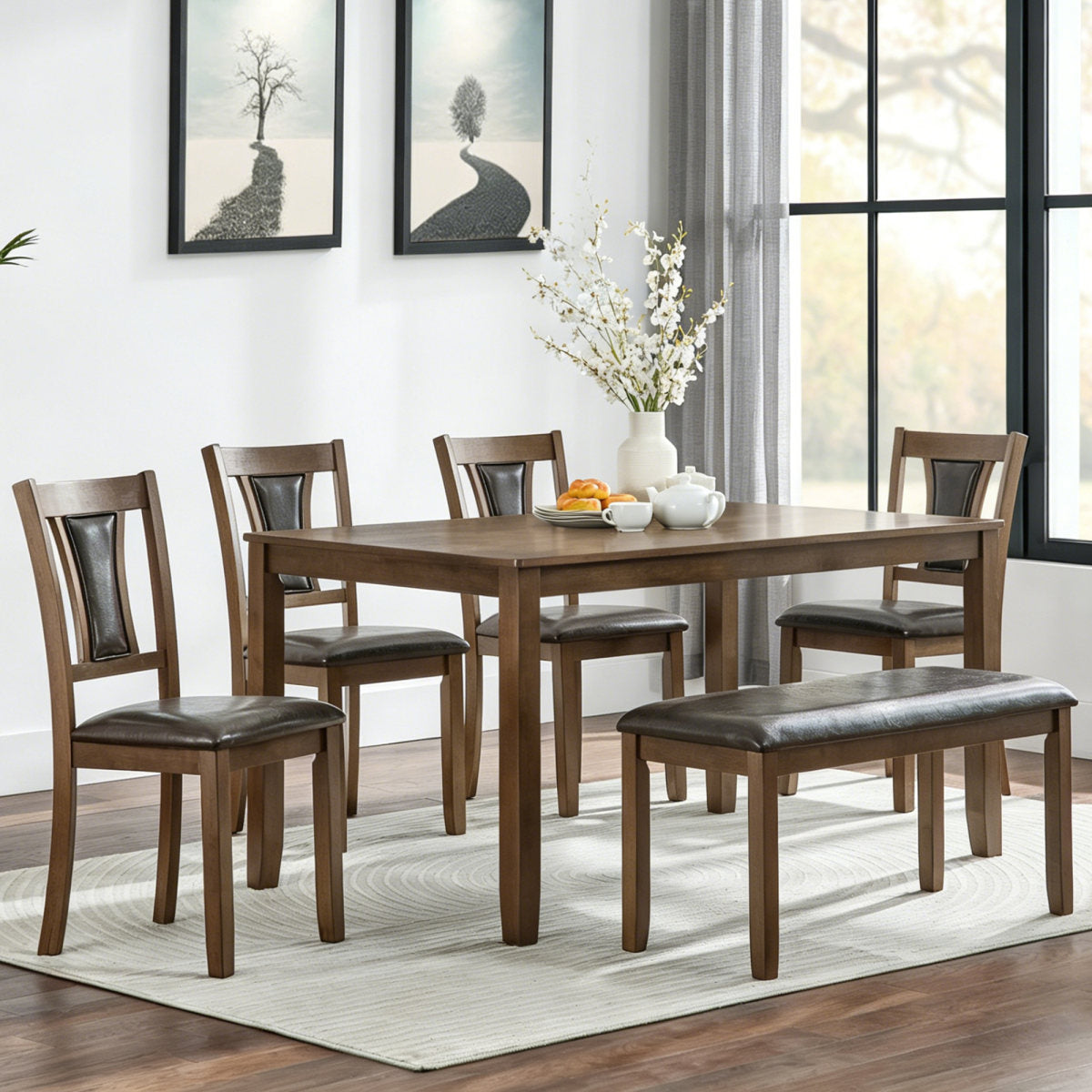 6-Piece Dining Table Set with Bench and Chairs, Wooden dining table set for 6 people, Farmhouse Rustic Style 6 Person Dining Table Set for Dining Room, Kitchen, Walnut