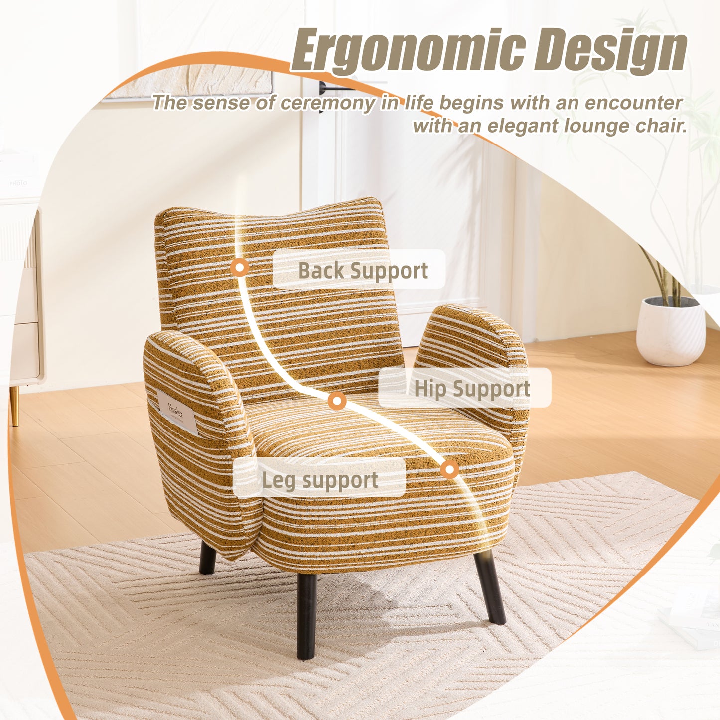 Modern Style Armchair With Sanded Fabric, Side Storage Pocket, Solid Wood Legs, Comfortable Reading Chair For Living Room, Bedroom, Office