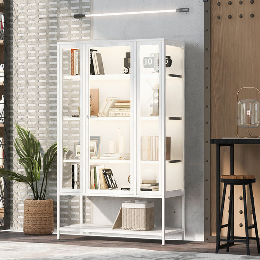 67.25  Tall Iron Display Cabinet With Glass Door And LED Lights Steel Curio Cabinet For Collectibles Figures Trophies 3-Sided Glass Display Case For Home Office Study Room Stores Playroom - White